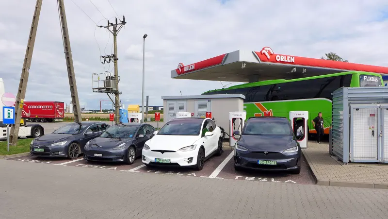 Four Teslas at the Supercharger in Wichrów, Poland, 2024