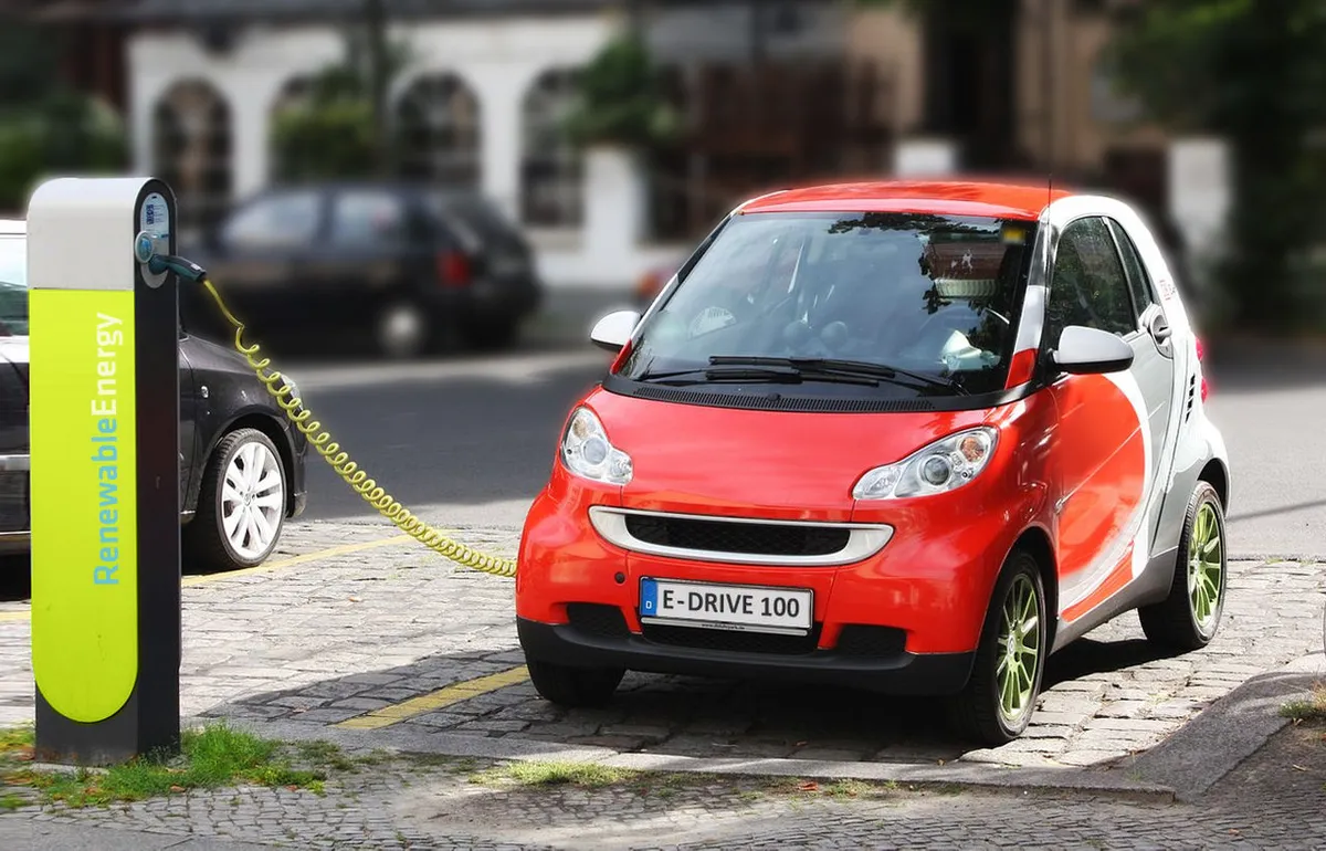 electric car recharging in Berlin, Germany – dummy/fake registration plate and charging station logo