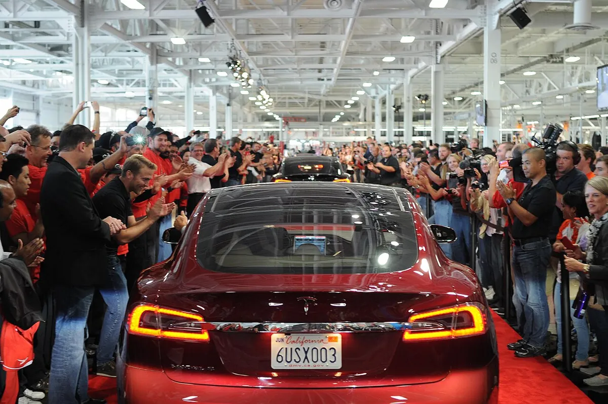 Tesla Model S Parade during first deliveries to retail customers at Tesla Factory in Fremont, California