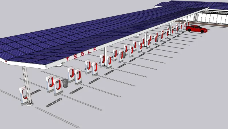Tesla Supercharger station with a solar canopy and Megapack batteries