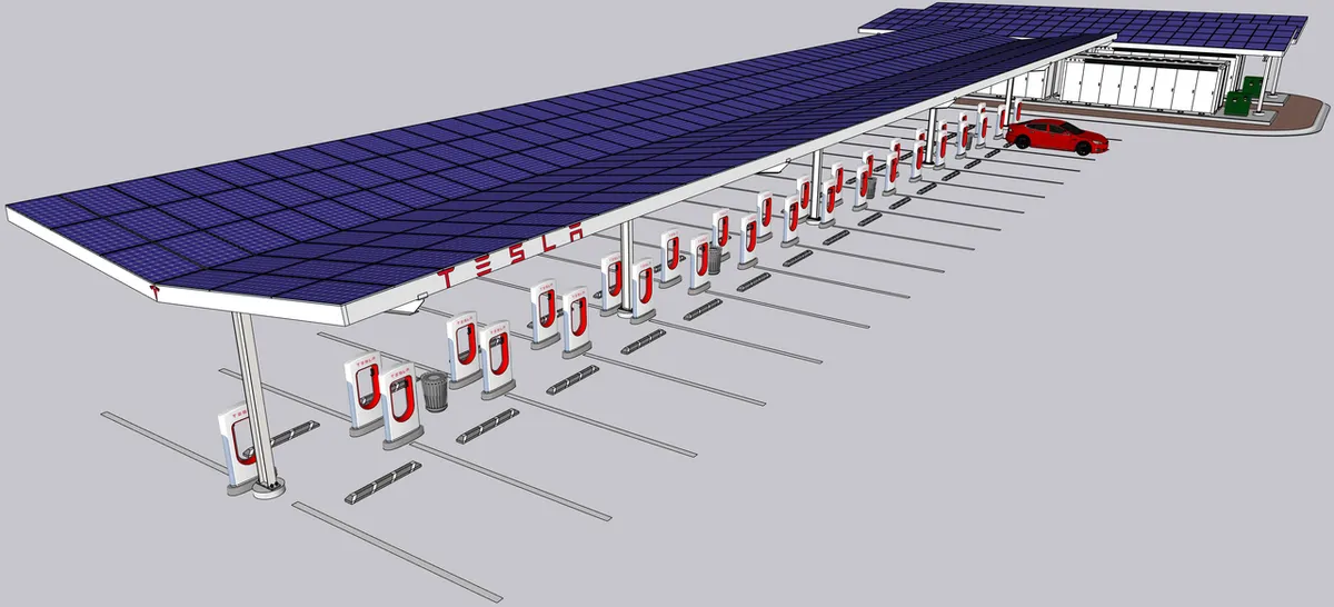 Tesla Supercharger station with solar canopy of 100 Kw and 8 Megapack set for close to 32 Mw/h. Two 30 Kw solar canopies over the Megapacks.